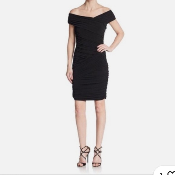 👗 Nicole Miller Black Off Shoulder Ruched Cocktail Dress LBD Size 8 ✨ - Picture 1 of 6
